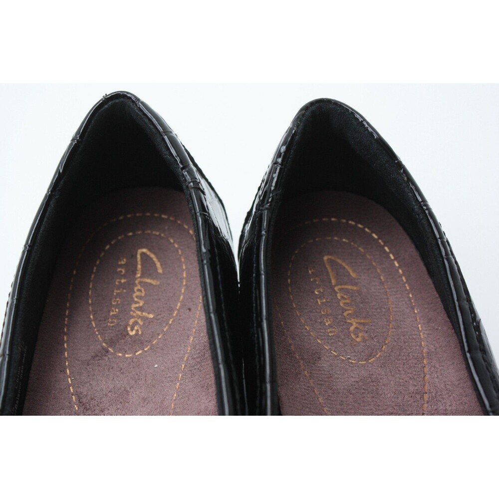 CLARKS Artisan Shoes Womens sz 7.5 Black Patent Leather Croc Slip-Ons Loafers - Picture 3 of 7